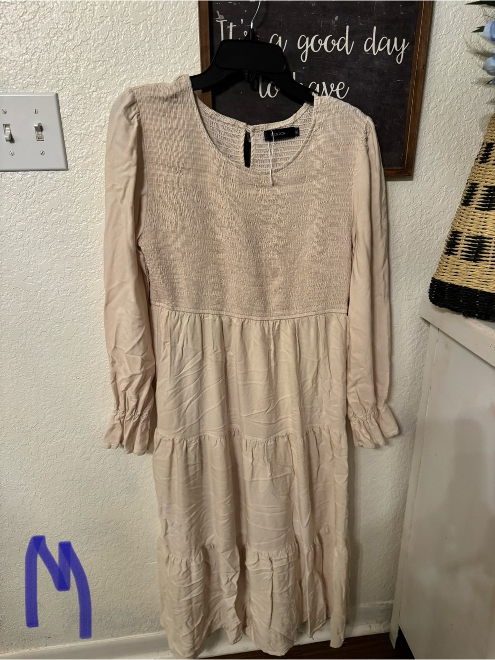 Women's Cream Long Sleeve Tiered Midi Dress